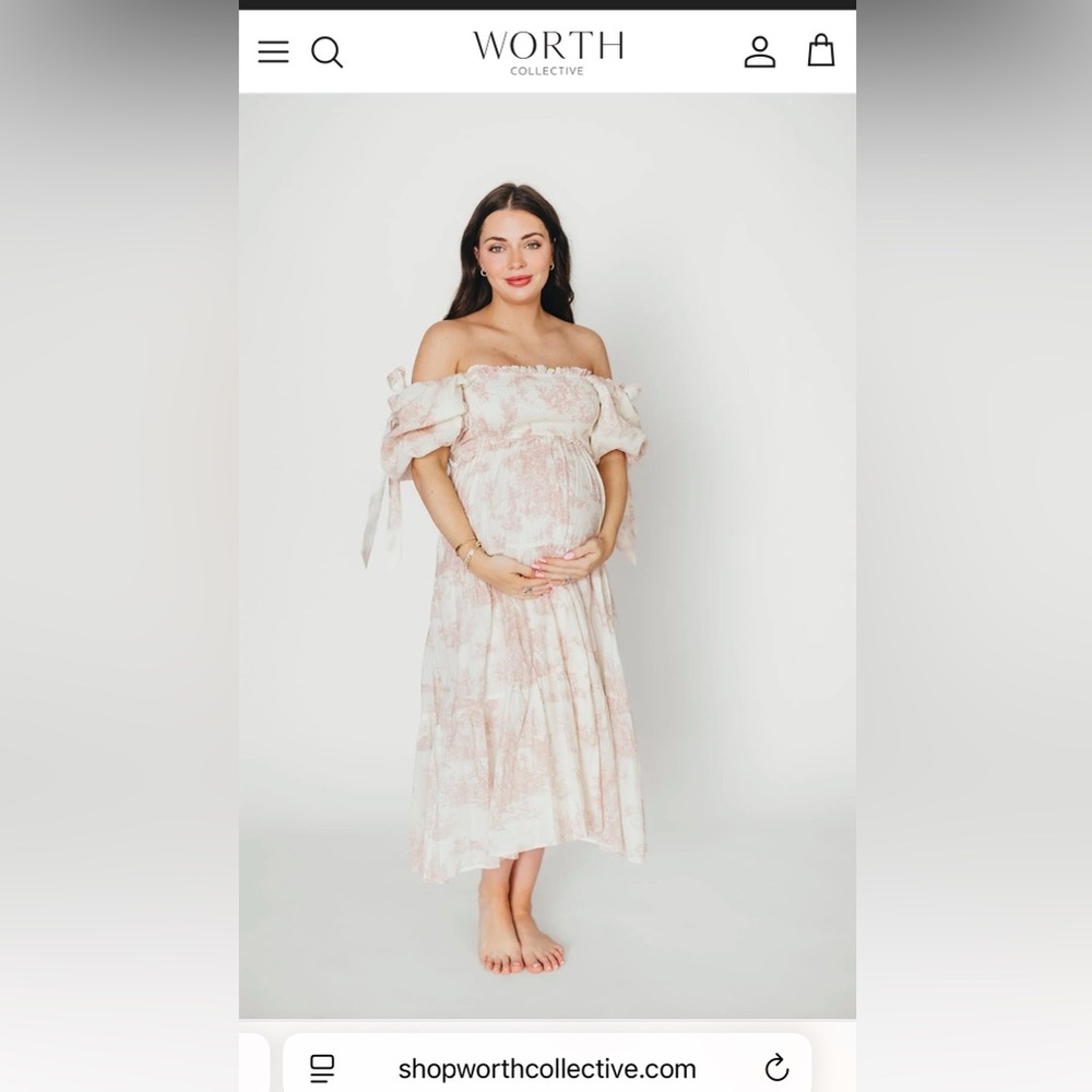 Chic Off-Shoulder Maternity Midi Dress in Pink and Cream